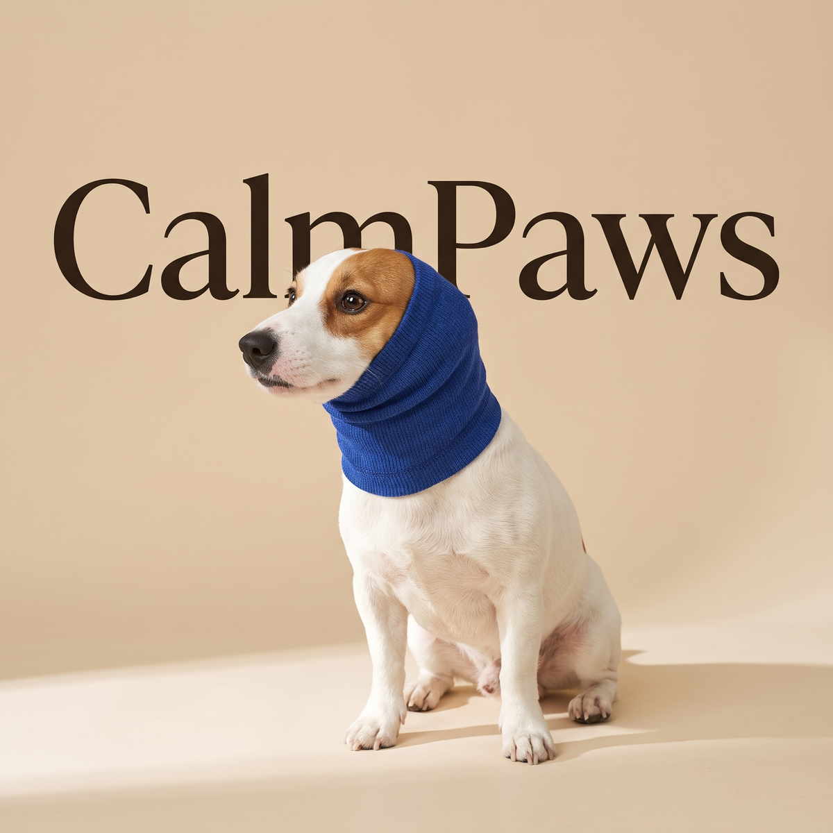 Dog wearing the CalmPaws calming hood in royal blue