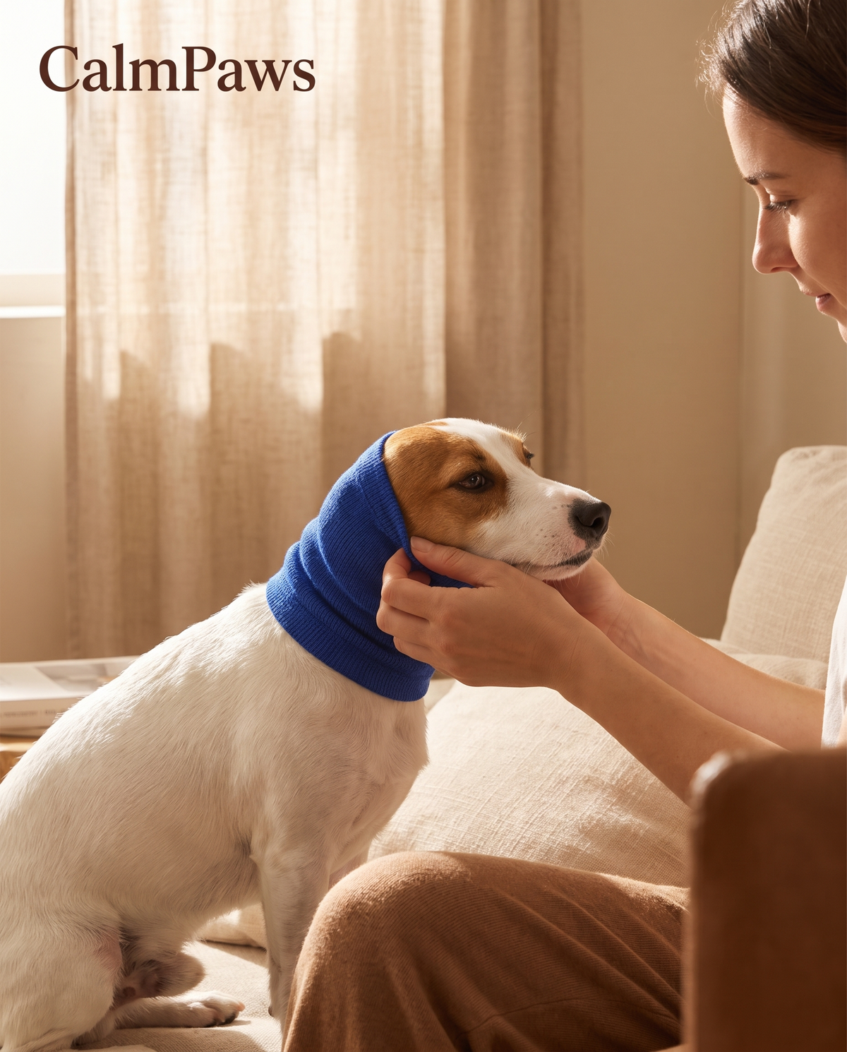 Owner gently putting the CalmPaws hood on her dog