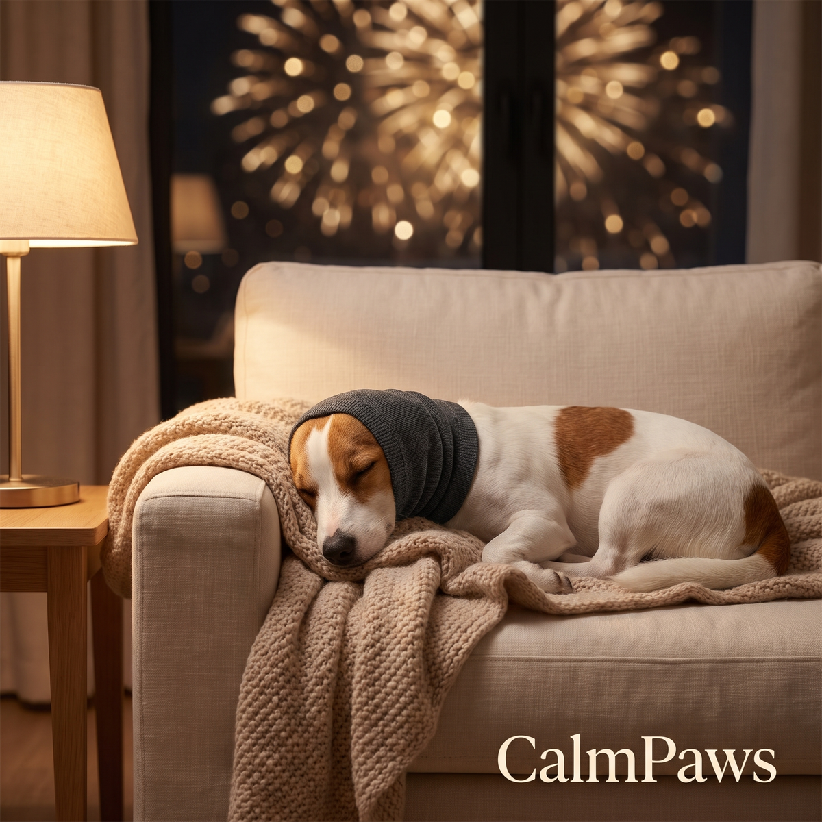 Dog asleep on the sofa in the dark grey CalmPaws hood