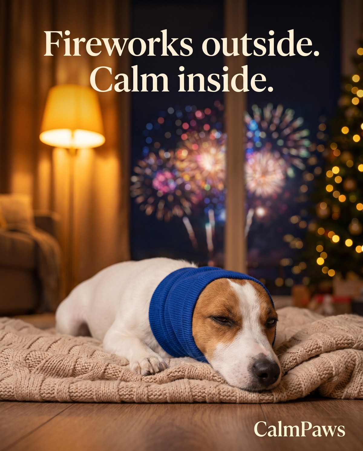 Dog relaxing in the CalmPaws hood while fireworks go off outside